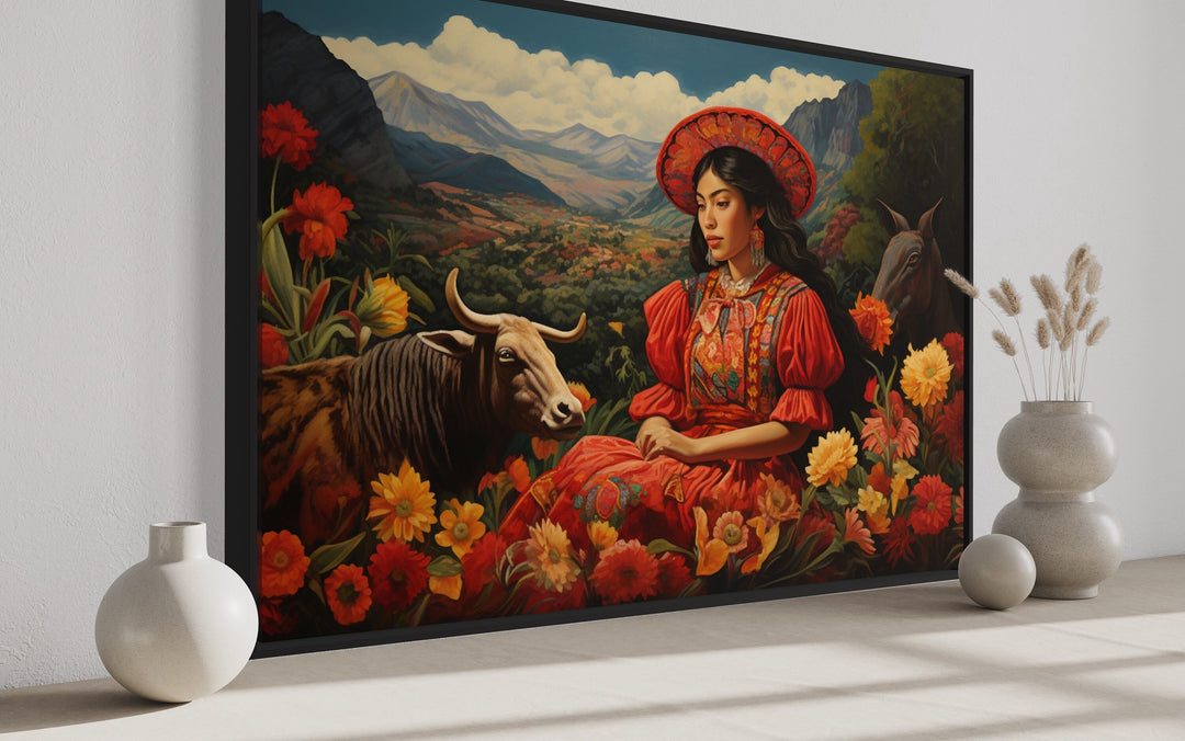 Mexican Wall Art - Mexican Woman in The Field With Cow And Flowers Framed Canvas Wall Art