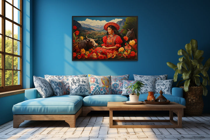 Mexican Woman in The Field With Cow And Flowers Framed Canvas Wall Art