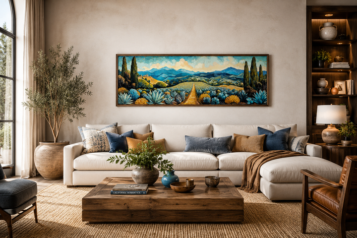 Panoramic canvas wall art of a Mexican agave field with a golden path and blue mountains.