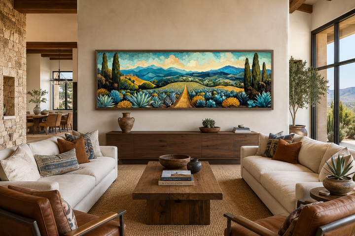 Panoramic canvas wall art of a Mexican agave field with a golden path and blue mountains.