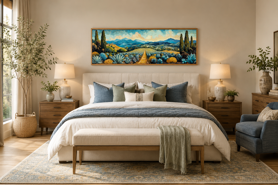 Panoramic canvas wall art of a Mexican agave field with a golden path and distant mountains.