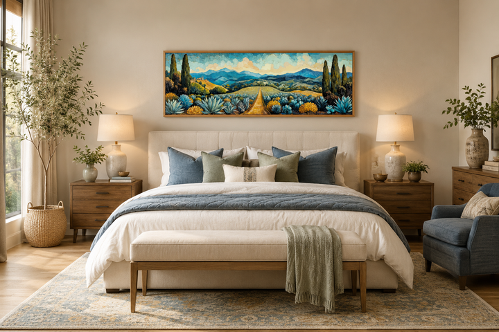 Panoramic canvas wall art of a Mexican agave field with a golden path and distant mountains.