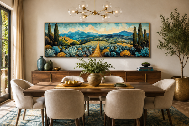 Panoramic canvas wall art of a Mexican agave field with a golden path and blue mountains.