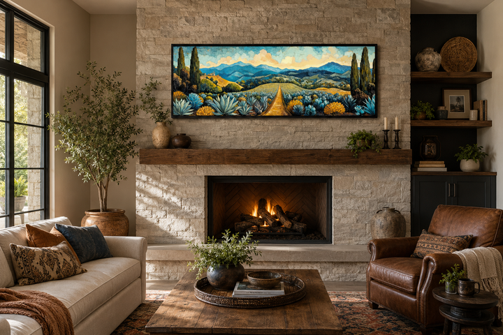 Mexican Agave Field Panoramic Canvas Wall Art above a fireplace in a rustic living room.