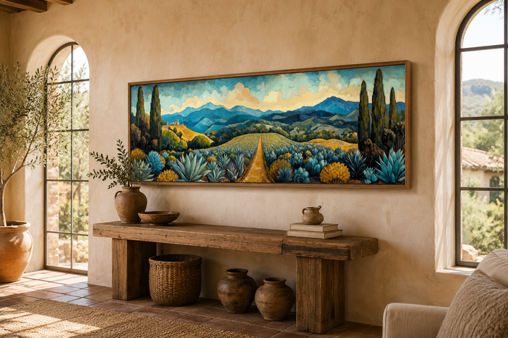 Panoramic canvas wall art of a Mexican agave field with a golden path and blue mountains.
