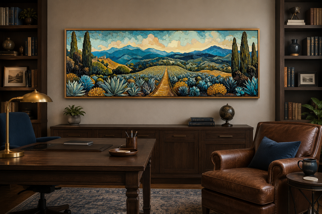 Panoramic canvas wall art of a Mexican agave field with a golden path and blue mountains.