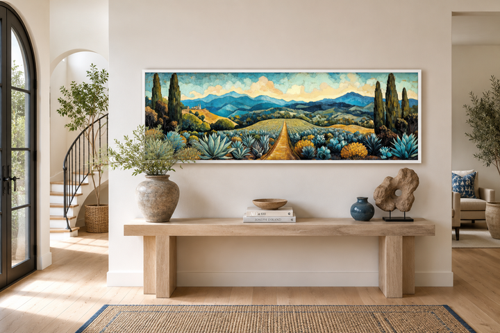 Panoramic canvas wall art of a Mexican agave field with a golden path and blue mountains.