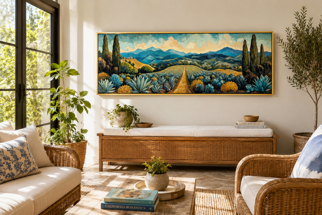 Panoramic canvas wall art of a Mexican agave field with a golden path and blue mountains.