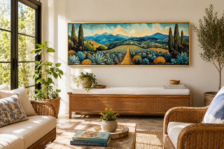 Panoramic canvas wall art of a Mexican agave field with a golden path and blue mountains.