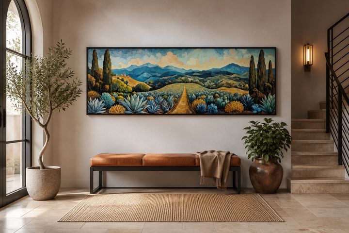 Panoramic canvas wall art of a Mexican agave field with a golden path and blue mountains.