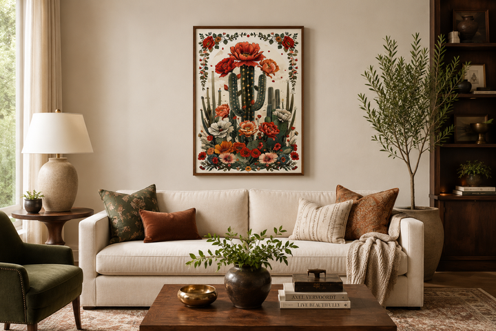Mexican Vertical Cactus In Bloom Framed Canvas Wall Art hanging above a white sofa in a living room.