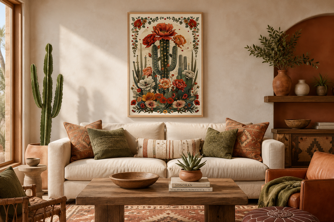 Mexican Vertical Cactus In Bloom Framed Canvas Wall Art hanging above a cream sofa in a living room.