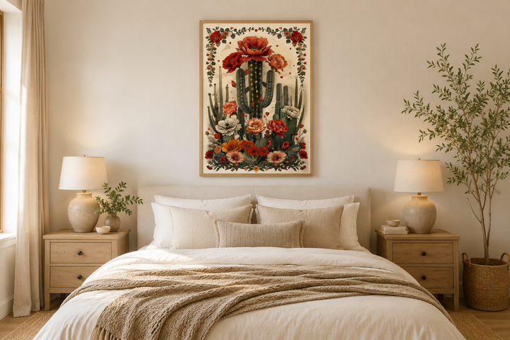 Mexican Vertical Cactus In Bloom Framed Canvas Wall Art hanging above a bed in a neutral bedroom.