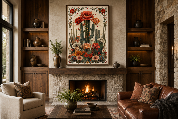 Mexican vertical cactus in bloom framed canvas wall art hanging above a fireplace in a living room.