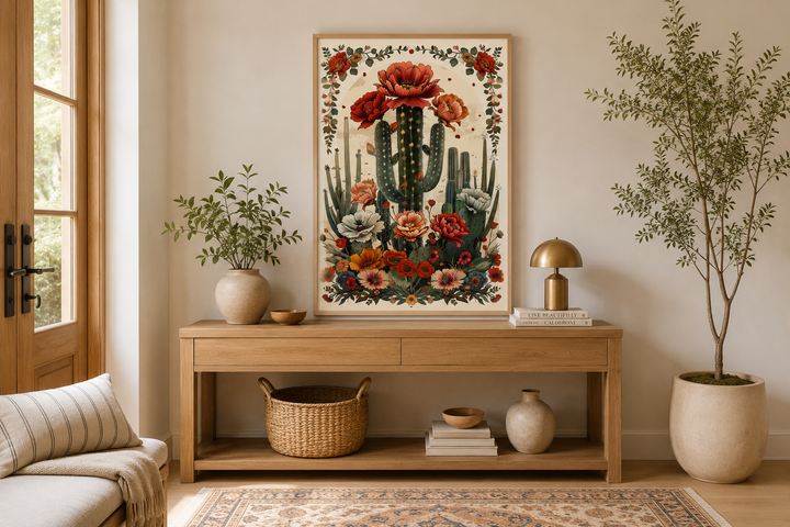 Mexican Vertical Cactus In Bloom Framed Canvas Wall Art hanging above a wooden console table.