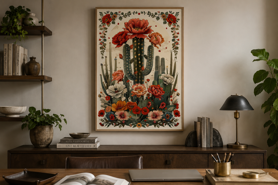 Mexican Vertical Cactus In Bloom Framed Canvas Wall Art hanging above a wooden console table.