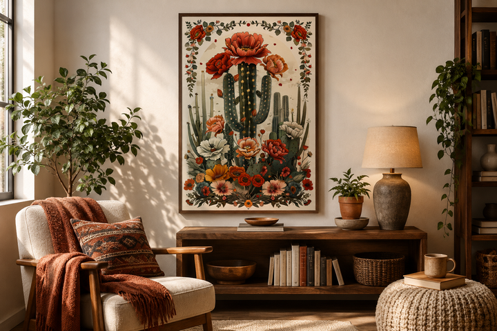 Mexican Vertical Cactus In Bloom Framed Canvas Wall Art in a cozy, rustic living room setting.