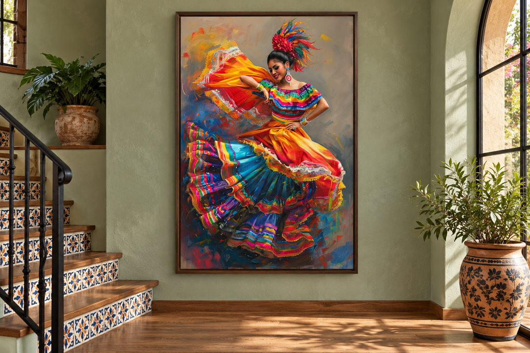 Mexican Woman Dancing Traditional Dance framed canvas wall art on a sage green wall by a staircase.