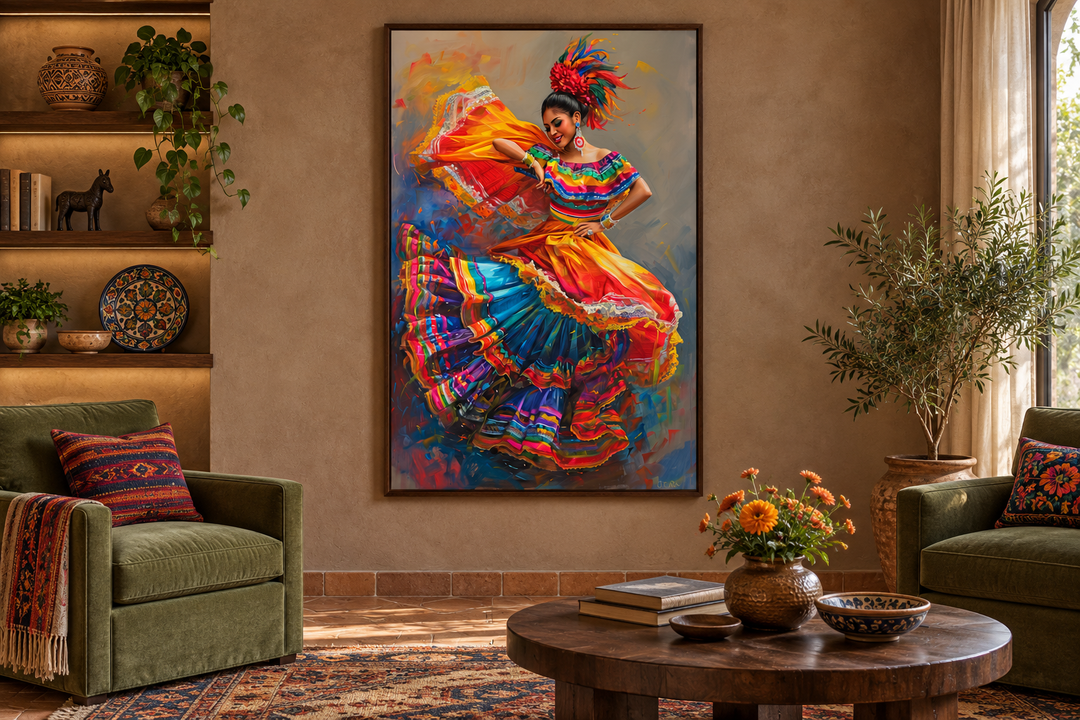Mexican woman dancing traditional dance framed canvas wall art in a warm, rustic living room.