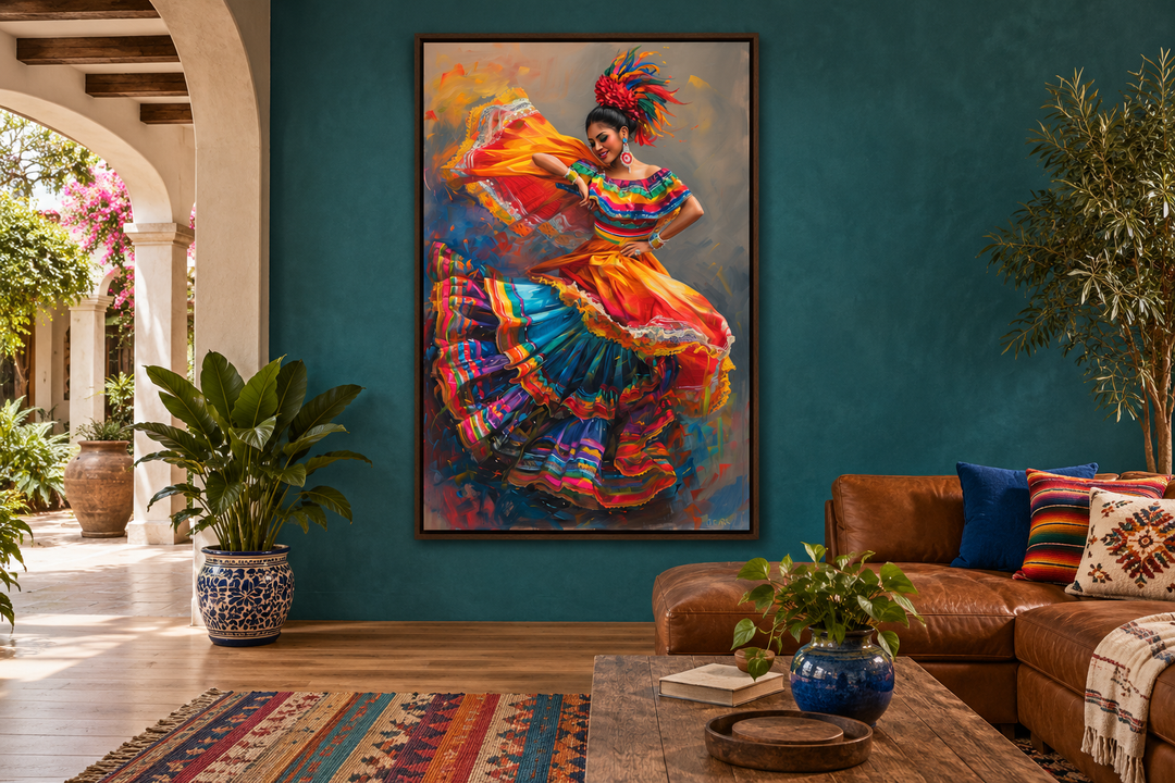 Mexican woman dancing traditional dance in a vibrant dress on a framed canvas wall art.