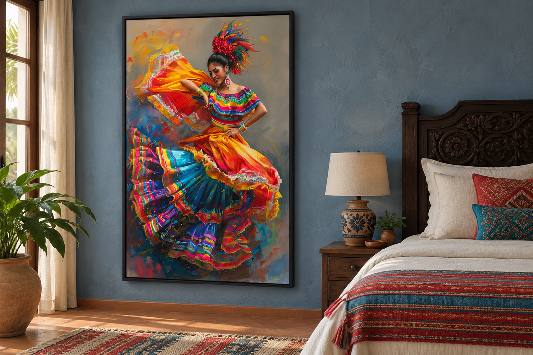 Framed canvas wall art of a Mexican woman in a vibrant, colorful dress performing a traditional dance