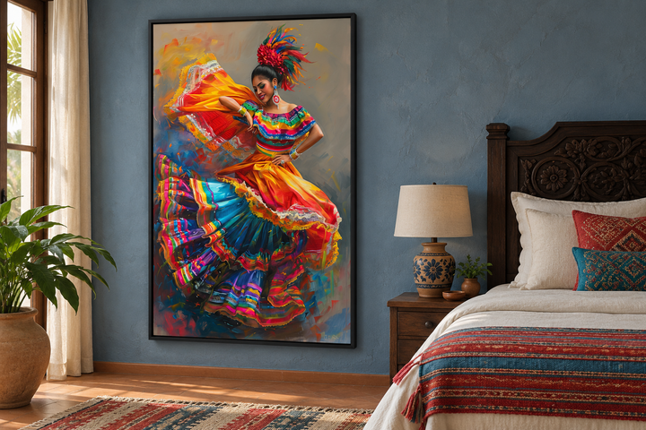 Framed canvas wall art of a Mexican woman in a vibrant, colorful dress performing a traditional dance