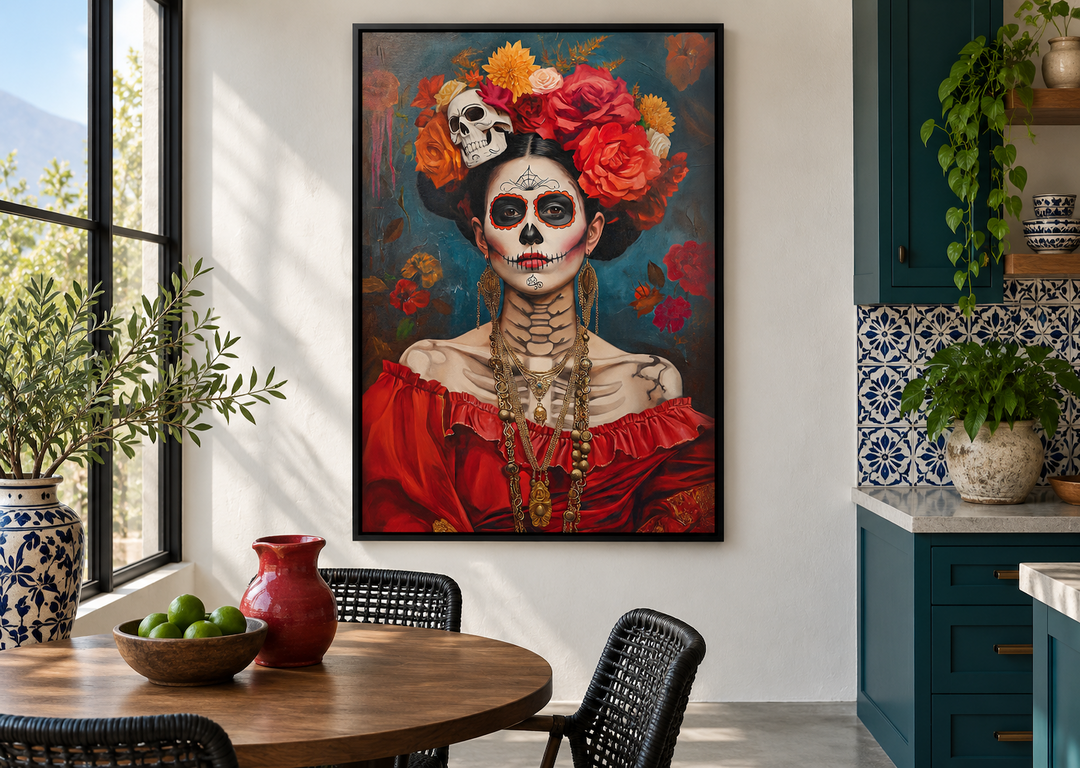 Mexican framed canvas wall art featuring a Day of the Dead woman painting in a kitchen setting.