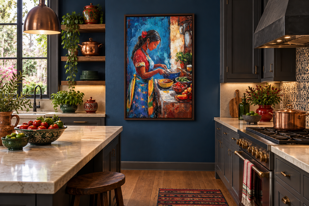 Framed canvas wall art of a Mexican woman cooking in a traditional kitchen on a dark blue wall.