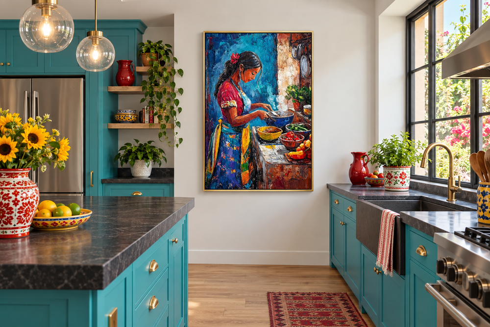 Mexican woman cooking canvas wall art in a vibrant teal kitchen with rustic decor.