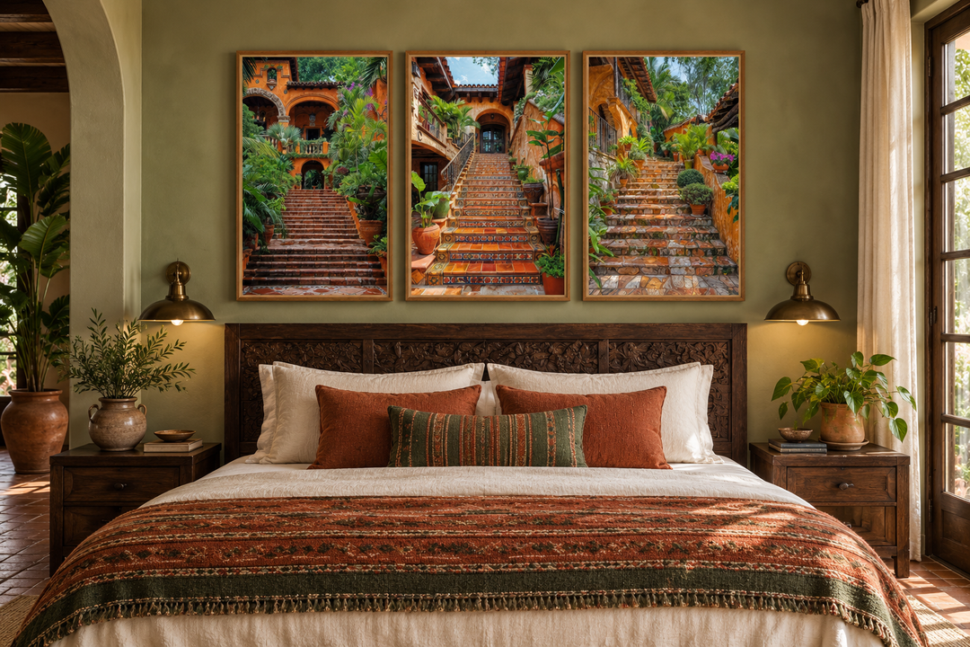Triptych of framed canvas wall art featuring colonial Mexican hacienda stairs with lush greenery.