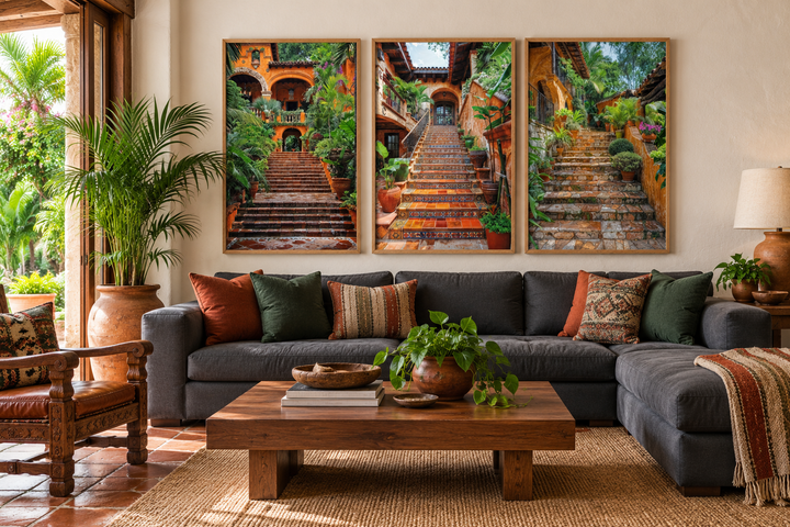Three-piece framed canvas wall art featuring colonial Mexican hacienda stairs with lush greenery.