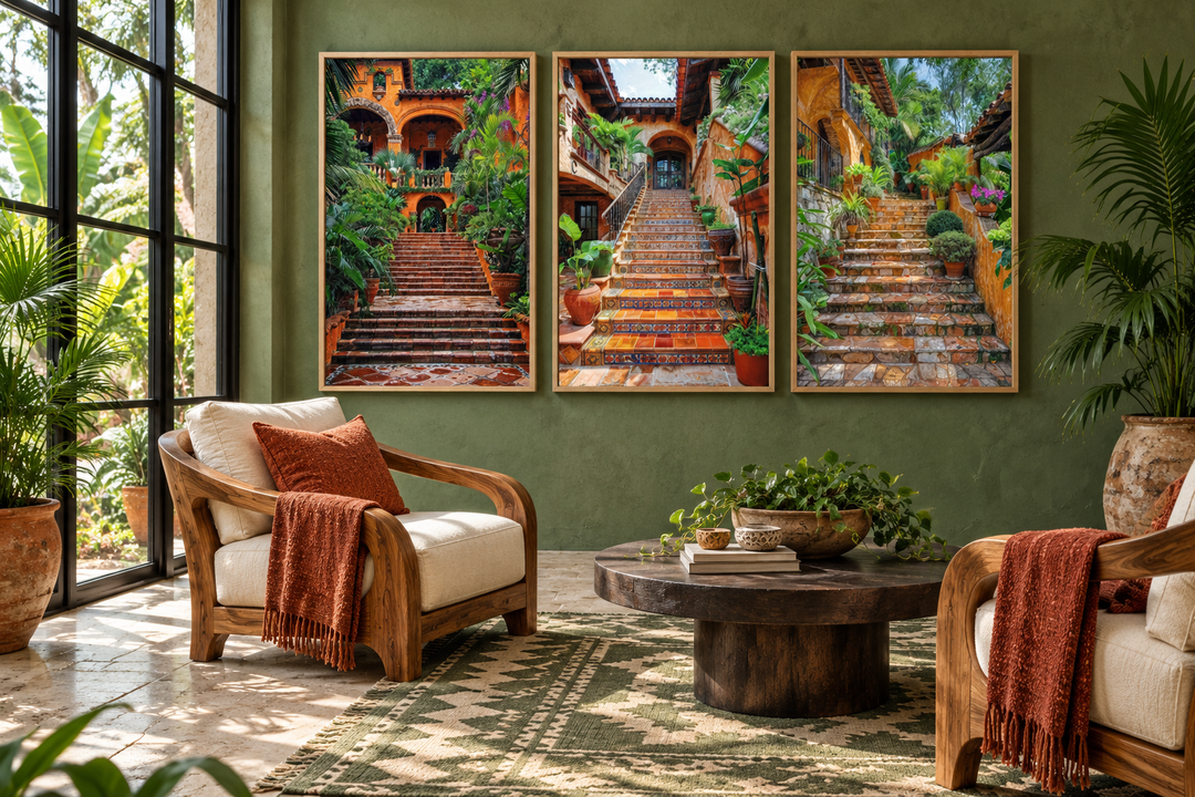 Triptych of framed canvas wall art featuring colonial Mexican hacienda stairs with lush greenery.