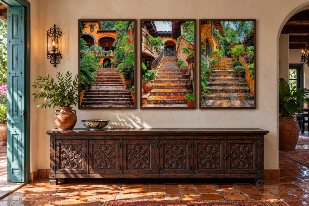 Triptych of framed canvas wall art featuring colonial Mexican hacienda stairs with lush greenery.