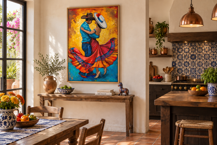 Framed canvas wall art of a man and woman in traditional attire dancing in a rustic Mexican kitchen.