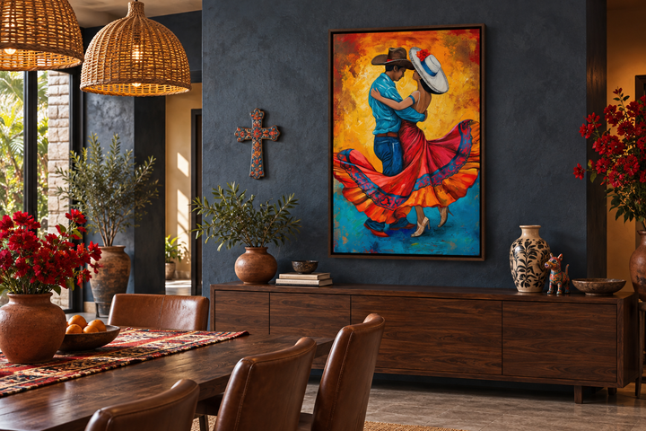 Man and woman dancing Mexican framed canvas wall art in a rustic dining room setting.