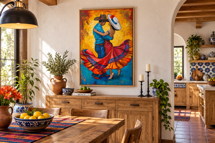 Framed canvas wall art of a man and woman in traditional attire dancing in a rustic dining room.