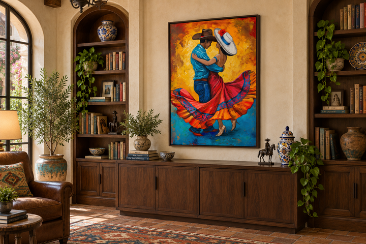 Framed canvas wall art of a man and woman in traditional attire dancing against a vibrant backdrop.