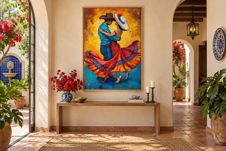 Framed canvas wall art of a man and woman in traditional attire dancing Mexican folk dance.