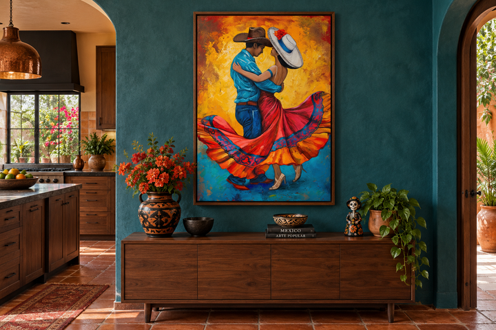 Man and woman dancing Mexican framed canvas wall art in a vibrant teal room with rustic furniture.