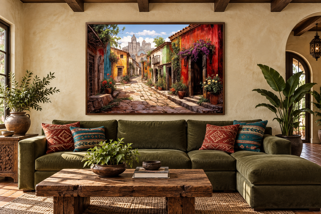 Mexican Old Town Street framed canvas wall art above a green sofa in a rustic living room.