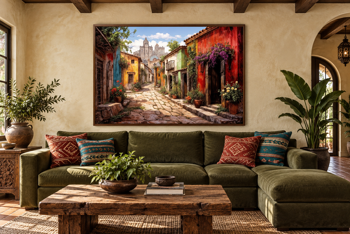 Mexican Old Town Street framed canvas wall art above a green sofa in a rustic living room.