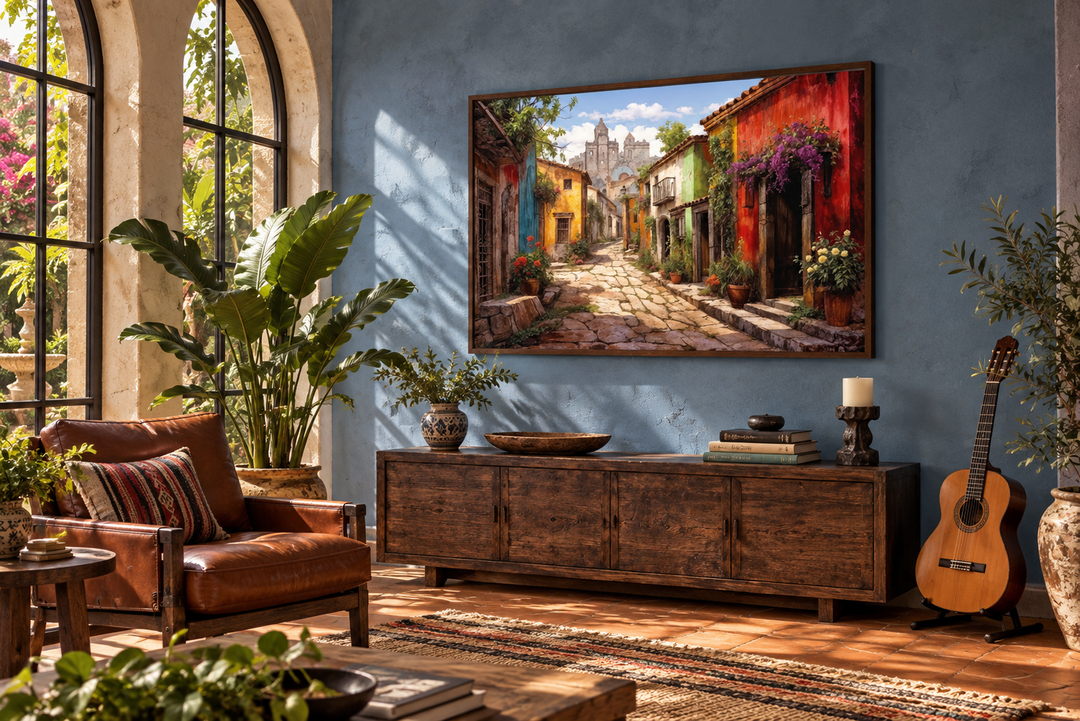 Mexican Old Town Street framed canvas wall art featuring colorful buildings and cobblestones.