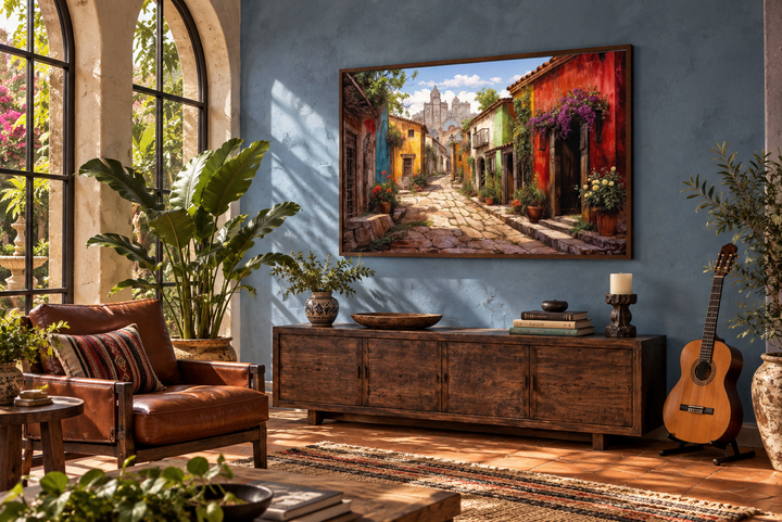 Mexican Old Town Street framed canvas wall art featuring colorful buildings and cobblestones.
