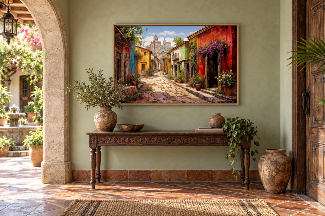Mexican Old Town Street framed canvas wall art above a rustic console table in a warm entryway.