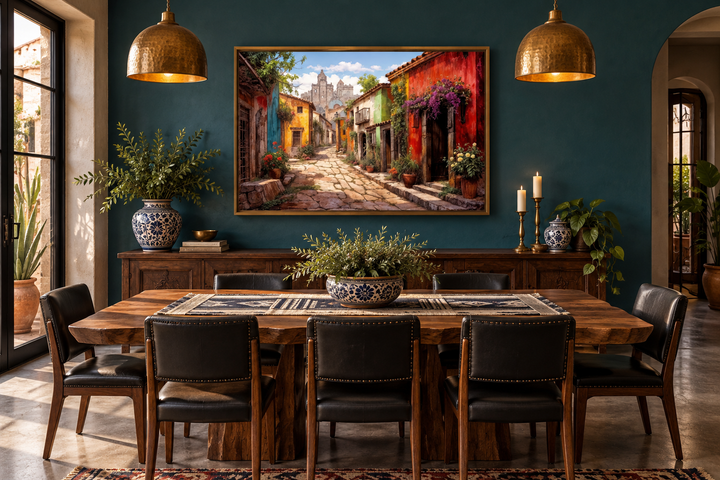 Mexican Old Town Street framed canvas wall art hanging in a rustic dining room with teal walls.