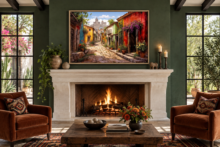 Mexican Old Town Street framed canvas wall art above a fireplace in a rustic living room.