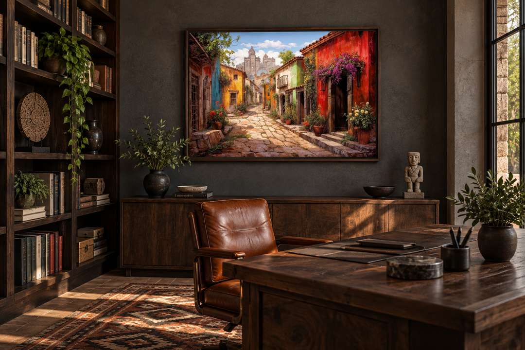 Mexican Old Town Street framed canvas wall art hanging in a rustic home office above a wooden desk.