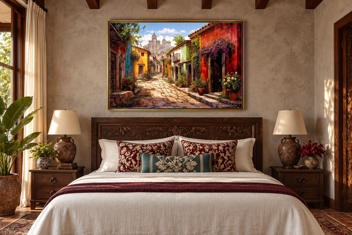 Mexican Old Town Street framed canvas wall art hanging above a bed in a rustic bedroom.