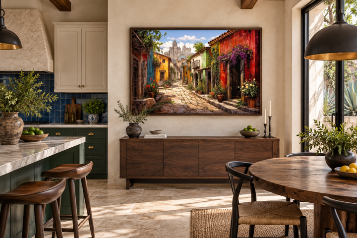 Mexican Old Town Street framed canvas wall art above a wooden sideboard in a rustic dining room.