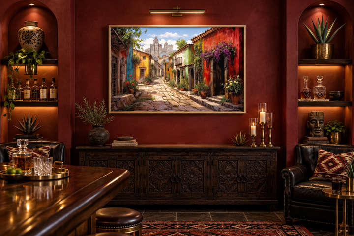 Mexican Old Town Street framed canvas wall art in a rustic room with red walls and dark wood decor.